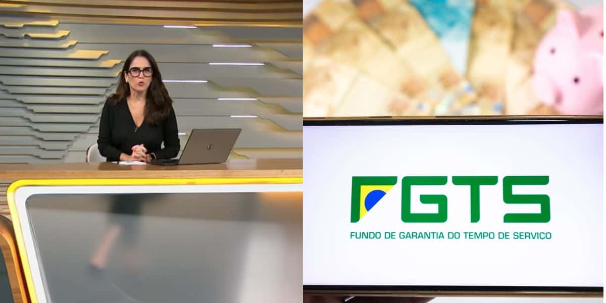 Ana Luiza Guimarães no Bom Dia Brasil, notas de dinheiro e aplicativo do FGTS (Fotos: Reproduções / Globo / Internet)