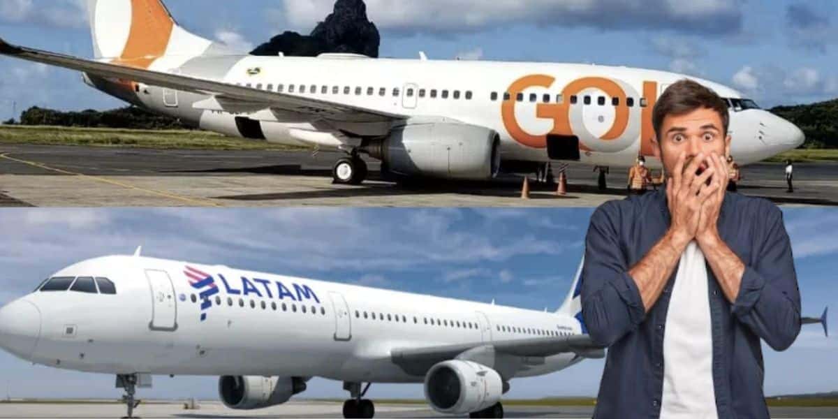 Aviões da Gol e Latam e homem assutado (Fotos: Reproduções / Ana Clara Marinho / Globo / Companhia/ Freepik / Montagem)