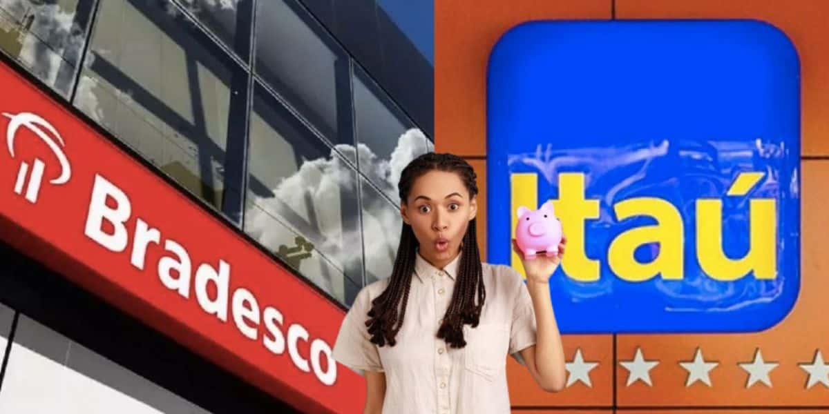 Bradesco, Itaú e mulher segurando cofre (Fotos: Reproduções / Internet / Freepik / Montagem)