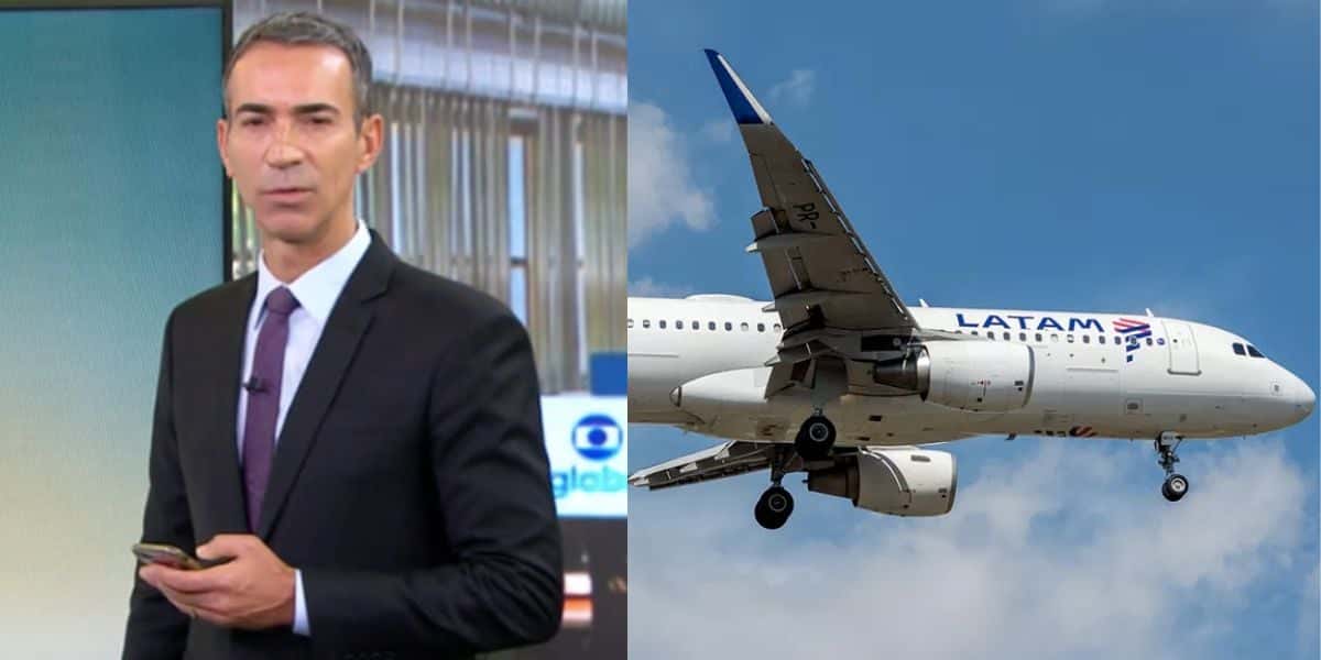 César Tralli no Jornal Hoje e avião da Latam (Fotos: Reproduções / Globo / Gabriel Magacho)