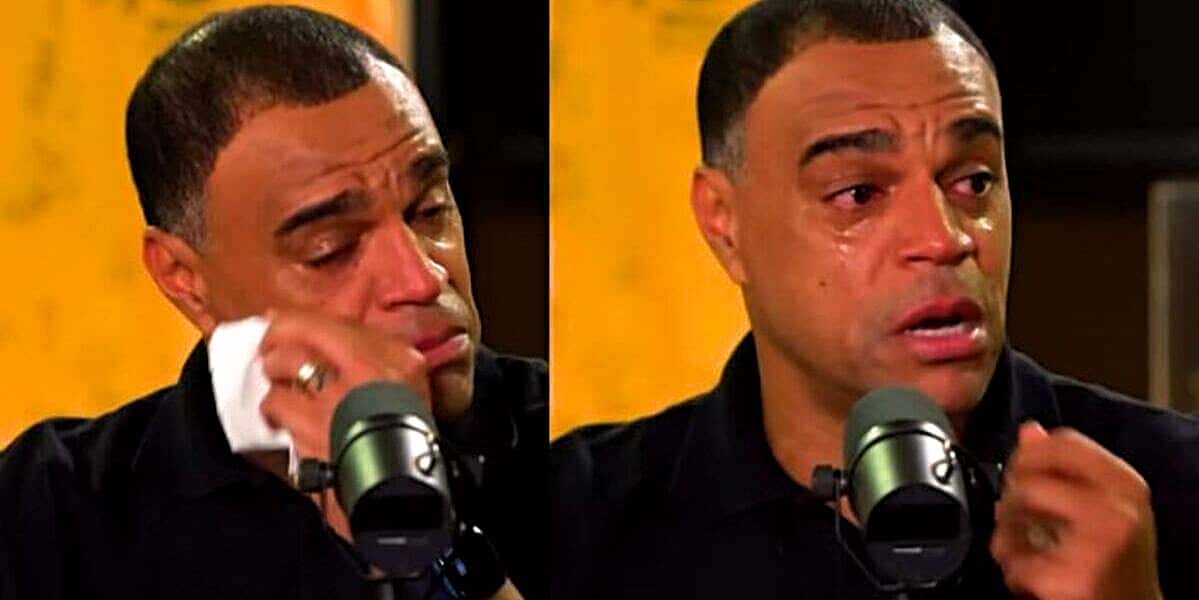 Denílson chorou, ao vivo, durante entrevista para o Canal GB, no Youtube (Foto Reprodução/Montagem/Lennita/Tv Foco)