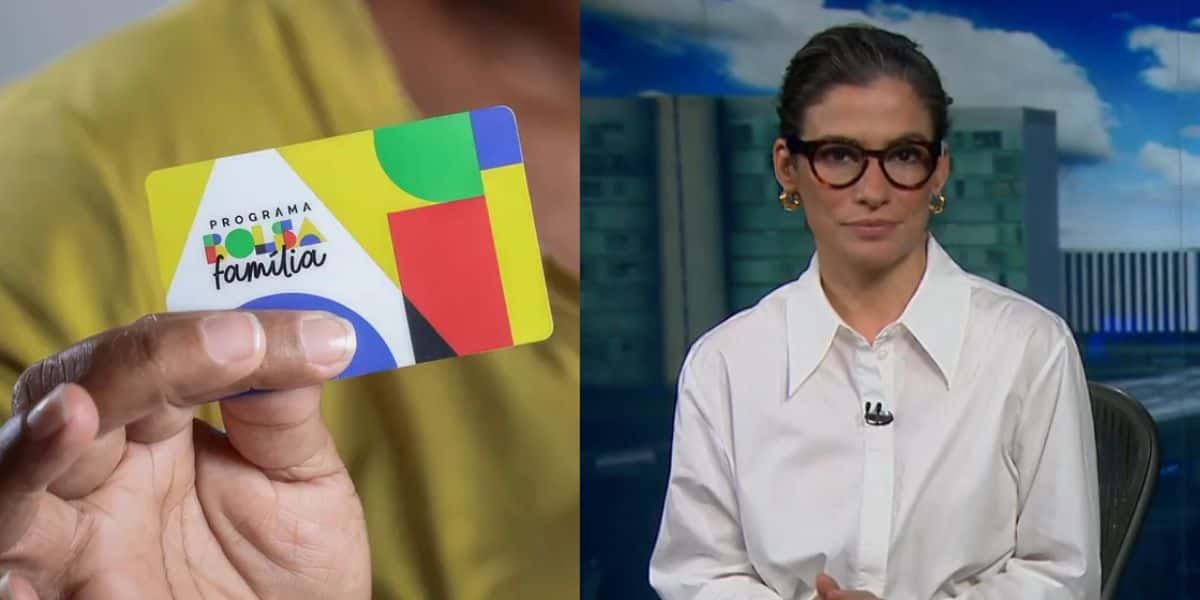 Homem segurando cartão do Bolsa Família e Renata Vasconcellos no Jornal Nacional (Fotos: Reproduções / Roberta Aline/MDS / Globo / Montagem)
