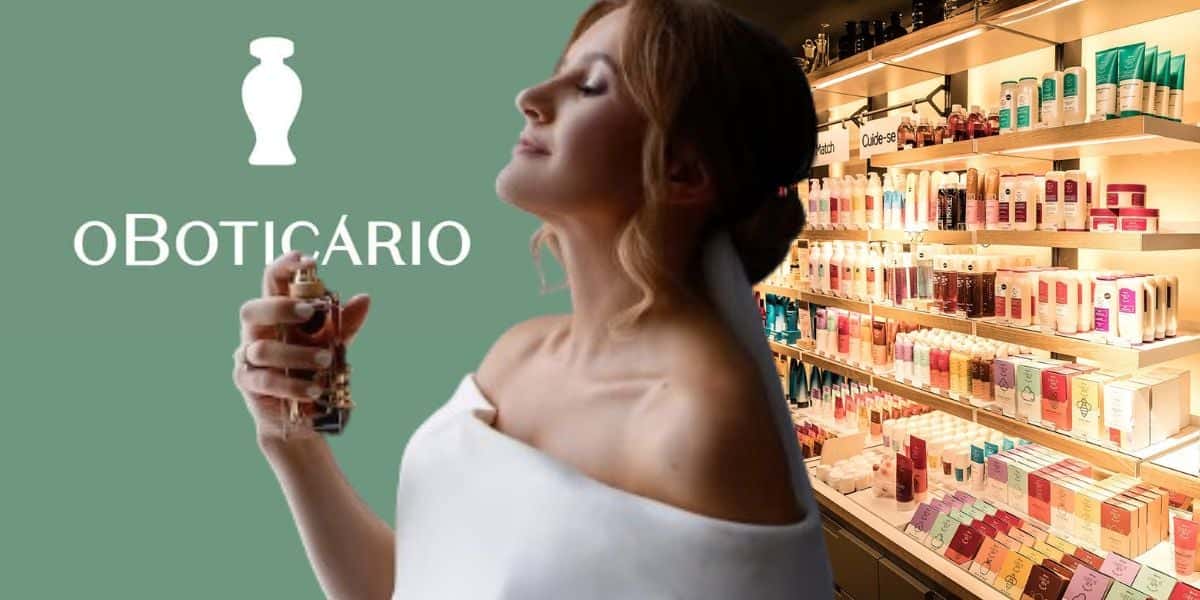 Logo Boticário, mulher passando perfume e loja (Fotos: Reproduções / Internet / Freepik / Montagem)