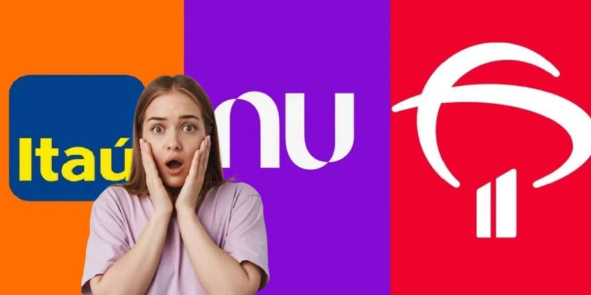 Logo Itaú, Nubank e Bradesco, e mulher chocada (Fotos: Reproduções / Internet / Freepik / Montagem)