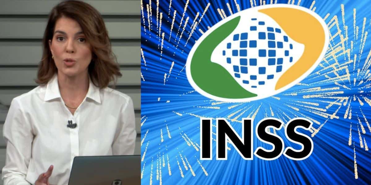 Mariana Gross durante o Bom Dia Brasil e logo do INSS (Fotos: Reproduções / Globo / Internet / Montagem)