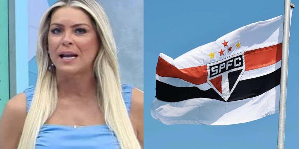 Renata Fan e bandeira do São Paulo (Fotos: Reproduções / Band / Internet)