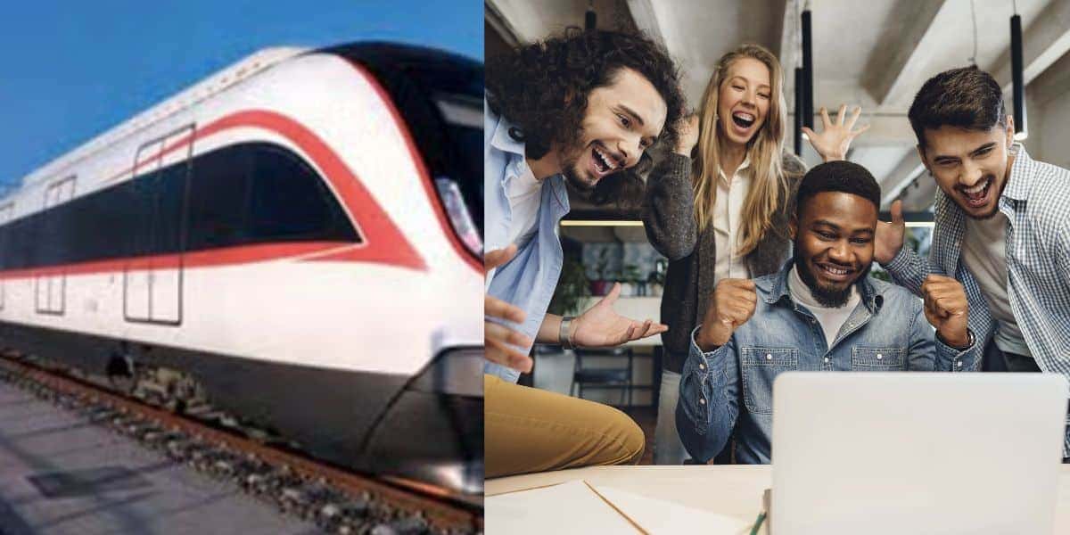Trem e pessoas felizes (Fotos: Reproduções / CRRC / Freepik / Montagem)