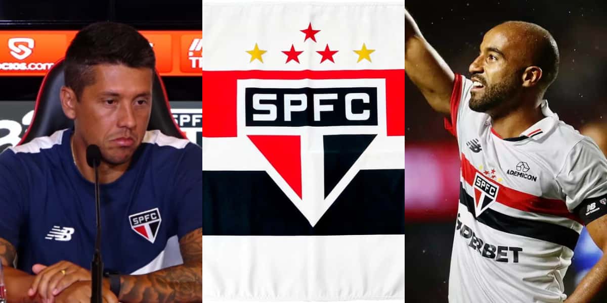 Thiago Carpini, escudo do São Paulo e Lucas Moura (Foto: Divulgação)