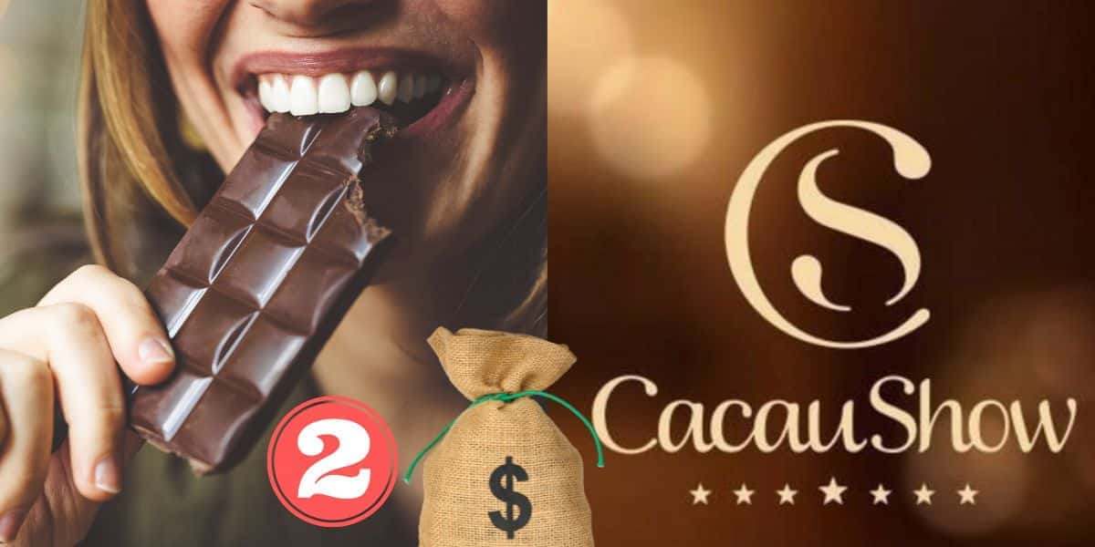 Mulher comendo chocolate e logo da Cacau Show (Foto: Reprodução / Canva)