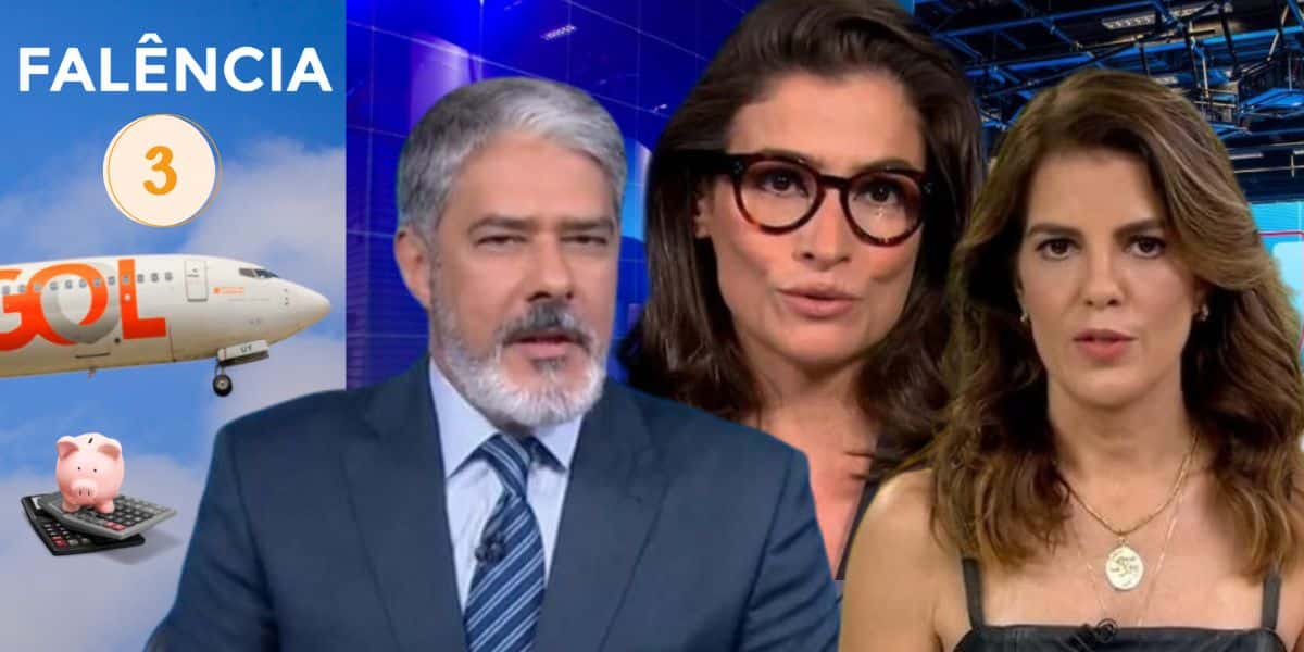 Avião da Gol e jornalistas Bonner, Renata Vasconcellos e Mariana Gross (Foto: Reprodução / Canva / Globo)