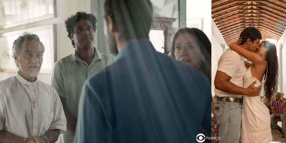 Padre Santo, Pastor Lívia, Dona Patroa, Egídio, Damião e Ritinha em cenas de Renascer (Foto: Reprodução / Globo / Montagem TV Foco)