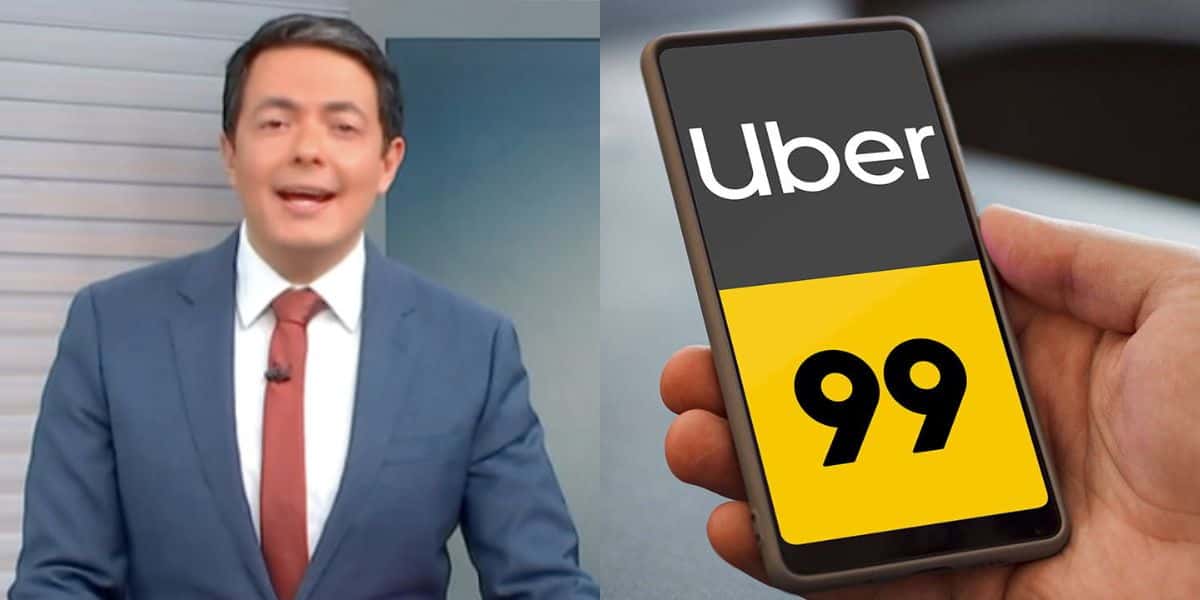 Alan Severiano no SP1 e pessoa segurando o celular com aplicativo da Uber e 99 (Fotos: Reproduções / Globo / internet / Montagem)