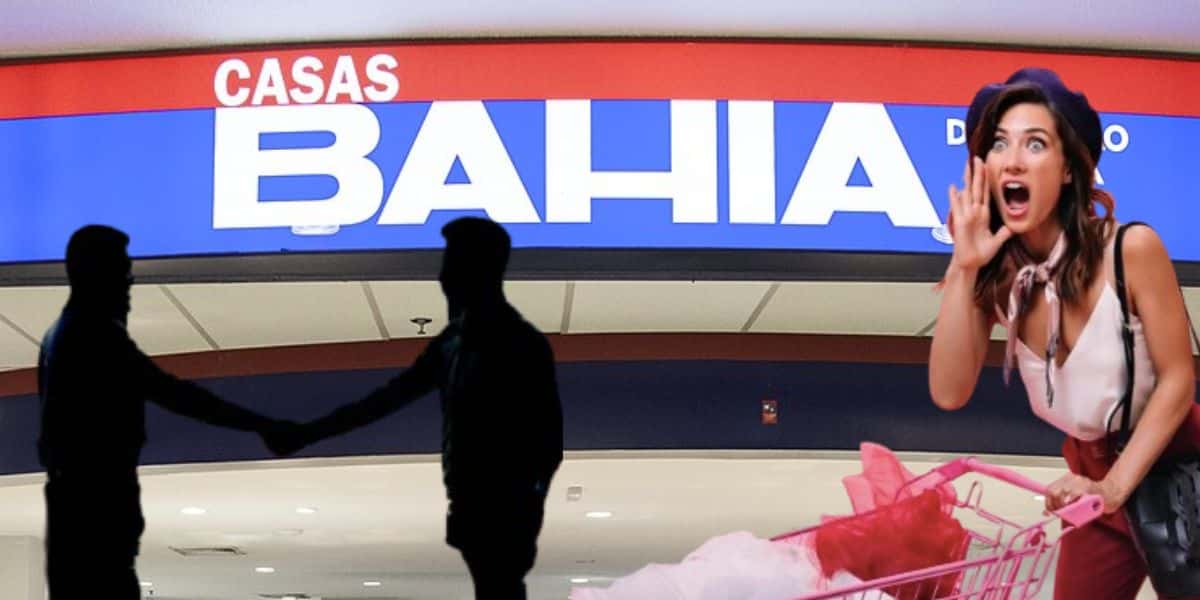 Casas Bahia, homens fechando acordo e mulher chocada (Fotos: Reproduções / Internet / Freepik)