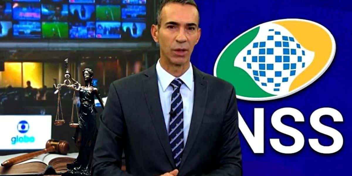César Tralli, durante exibição de edição do JH, da Globo, noticiou sobre nova regra do INSS (Foto Reprodução/Montagem/Lennita/Tv Foco/Globo/Canva)