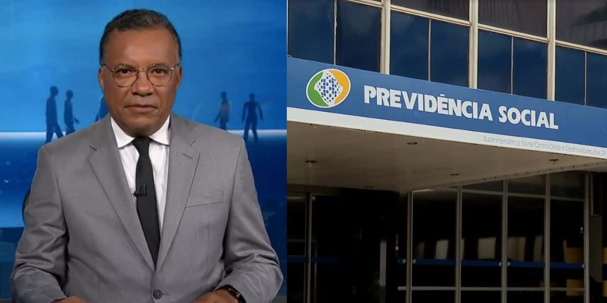 Heraldo Pereira no Jornal Nacional e agência do INSS (Fotos: Reproduções / Globo / Montagem)