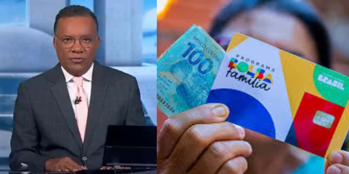 Heraldo Pereira no Jornal Nacional e mulher segurando nota de cem reais e cartão do Bolsa Família (Fotos: Reproduções / Globo / Site PT)