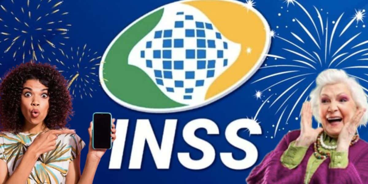 Logo do INSS, fogos de artifício, mulher segurando o celular e idosa chocada (Fotos: Reproduções / Internet / Freepik)