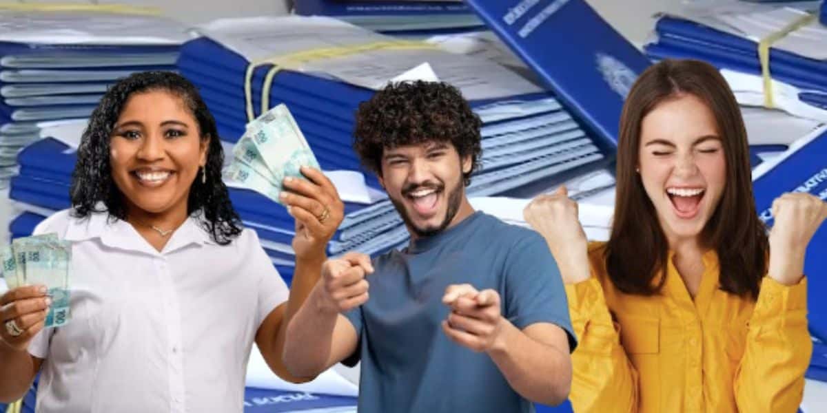 Carteira de trabalho e homem e mulheres comemorando (Fotos: Reproduções / Globo / Freepik)