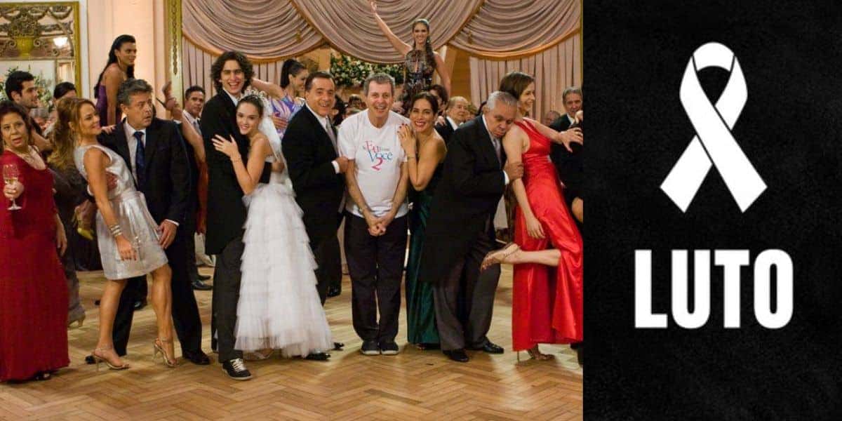 Elenco de Se Eu Fosse Você 2 e imagem de luto (Fotos: Reproduções / Internet / Canva)