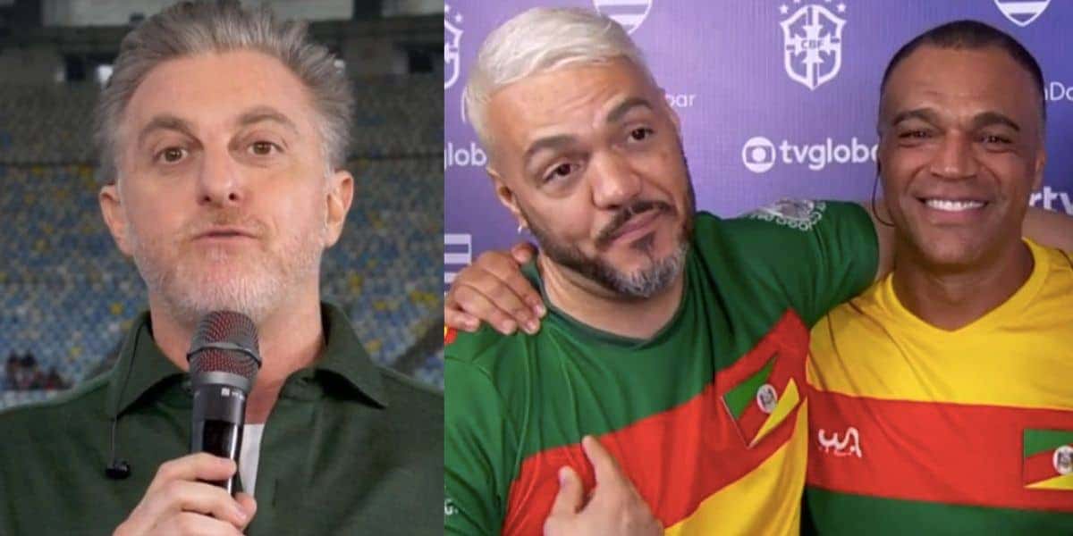 Luciano Huck, Belo e Denílson no Domingão (Fotos: Reproduções / Globo)