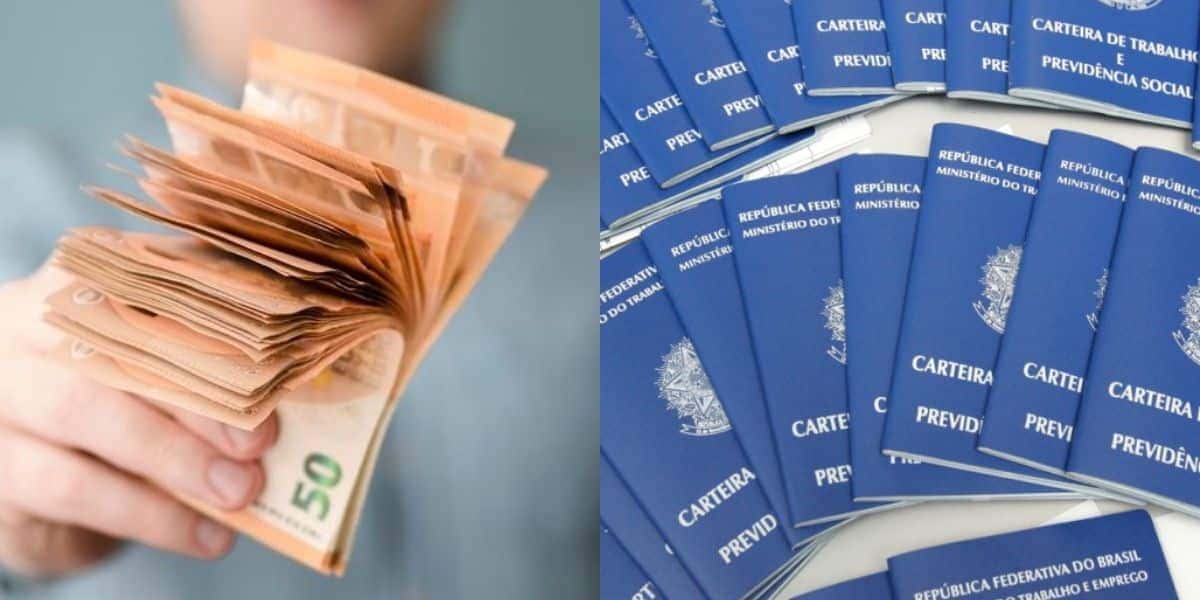 Pessoa segurando dinheiro / Carteiras de trabalho - Montagem TVFOCO