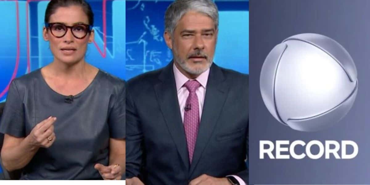 Renata Vasconcellos, William Bonner no Jornal Nacional e logo da Record Renata Vasconcellos, William Bonner no Jornal Nacional e logo da Record (Fotos: Reproduções / Globo / Internet)