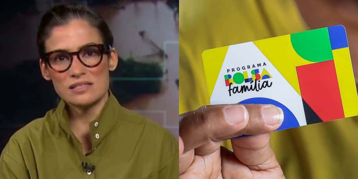 Renata Vasconcellos no Jornal Nacional e homem segurando cartão do Bolsa Família (Fotos: Reproduções / Globo / Roberta Aline/MDS)