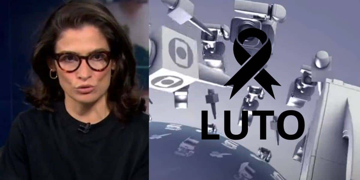 Renata Vasconcellos no Jornal Nacional, logo do plantão e imagem de luto (Fotos: Reproduções / Globo / Canva)