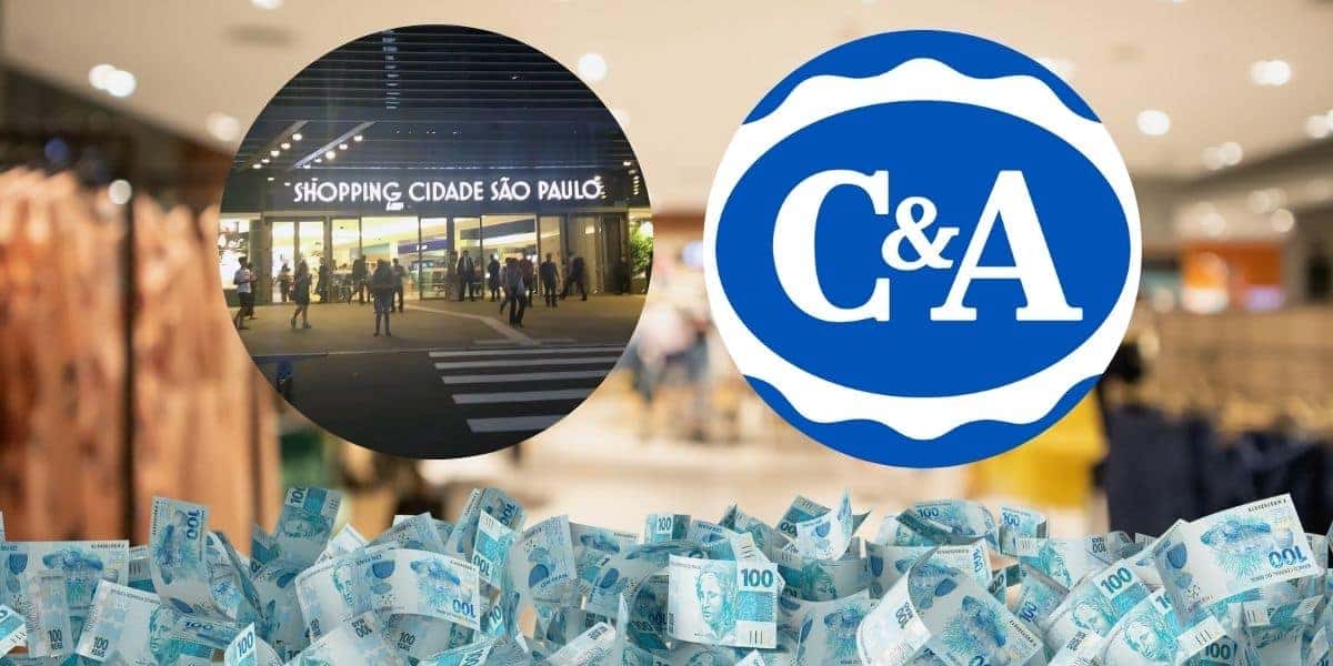 Shopping Cidade São Paulo, loja varejista, C&A e notas de R$ 100 reais (Foto: Reprodução / Canva / Montagem TV Foco)