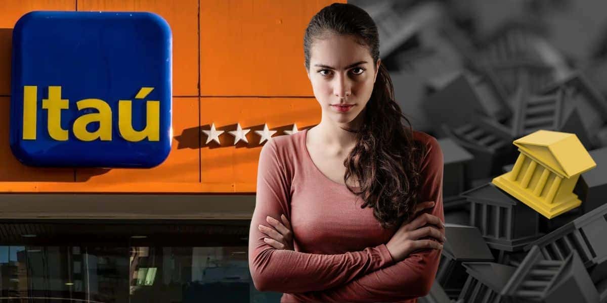 Agência do Itaú, mulher irritada e ilustração de banco (Fotos: Reproduções / Internet / Canva)