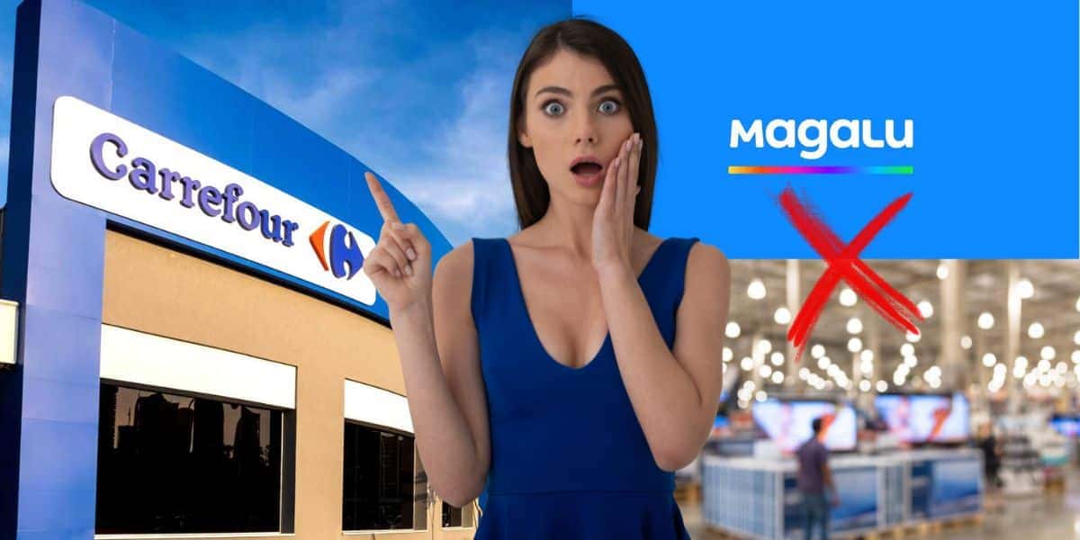 Carrefour, logo Magalu, loja e mulher chocada (Fotos: Reproduções / Internet / Canva)