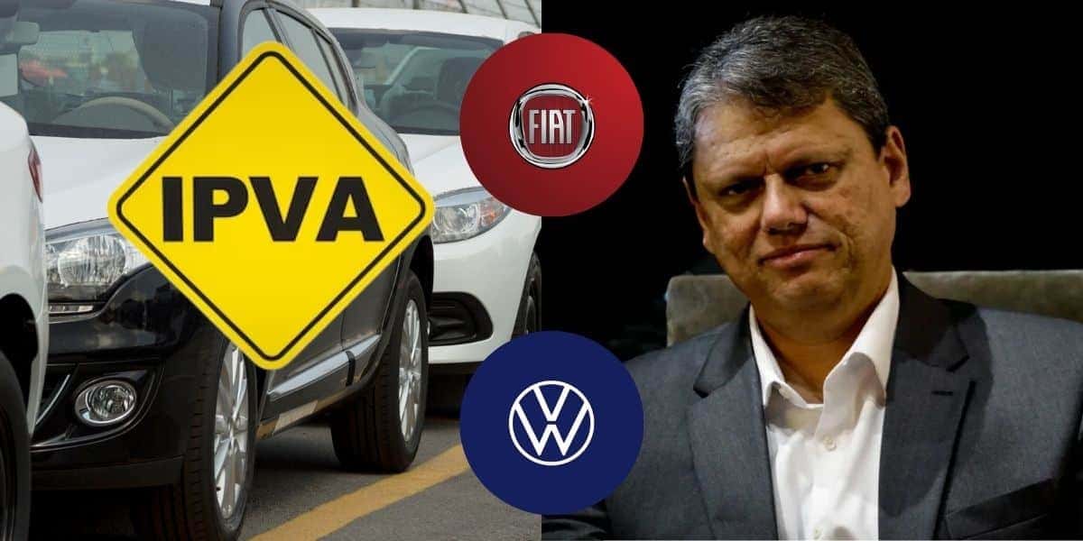 Carros, IPVA, logo Fiat, Volkswagen e Tarcísio de Freitas (Fotos: Reproduções / Canva / Internet / Aloisio Mauricio)