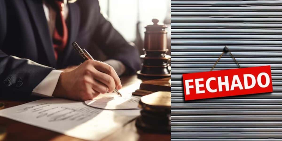 Homem assinando documento em cartório e loja fechada (Fotos: Reproduções / Canva / Freepik)