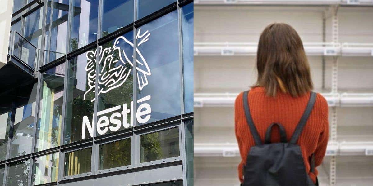 Logo da Nestlé / Mulher olhando prateleira vazia - Montagem: TVFOCO