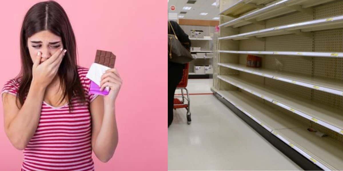 Mulher comendo chocolate / Prateleiras vazias - Montagem: TVFOCO
