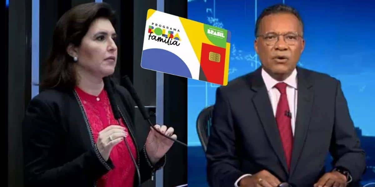 Simone Tebet, cartão do Bolsa Família e Heraldo Pereira no Jornal Nacional (Fotos: Reproduções / TV Senado / Internet / Globo)