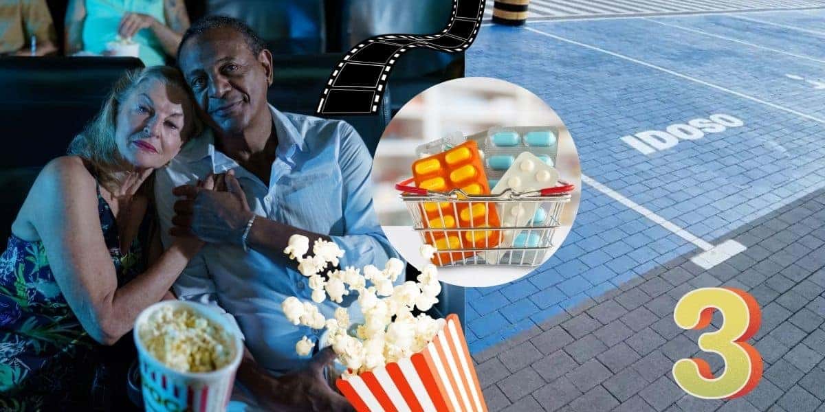 Idosos no cinema, estacionamento gratuito e remédios (Foto: Reprodução / Canva / Montagem TV Foco)