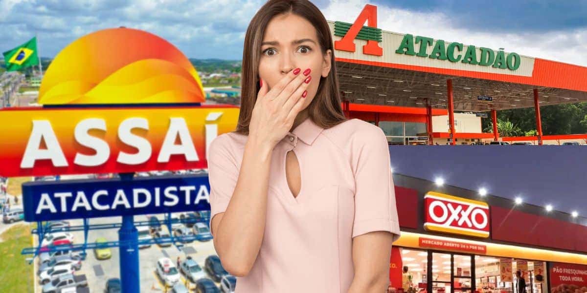 Assaí, mulher chocada, Atacadão e Oxxo (Fotos: Reproduções / Internet / Canva)