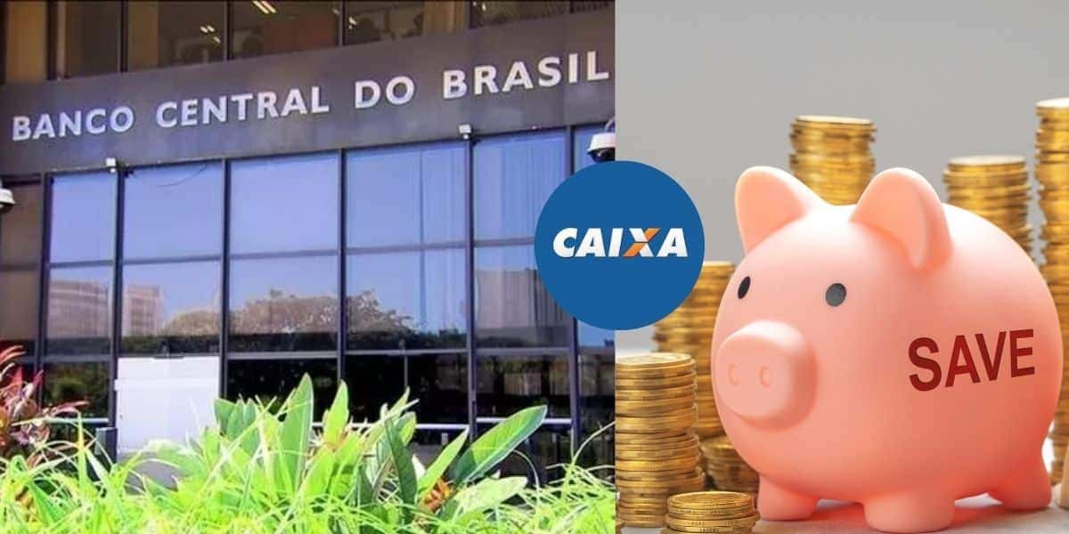 Banco Central, logo Caixa e ilustração da poupança (Fotos: Reproduções / Jornal Nacional / Internet / Canva)