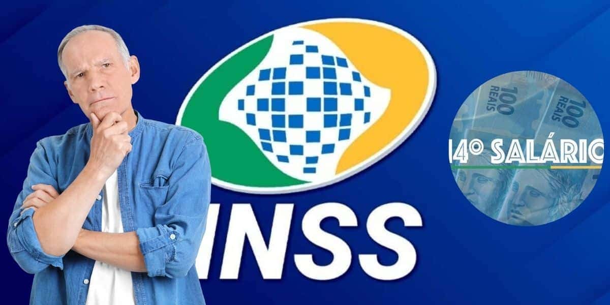 Idoso, logo do INSS e 14º salário (Fotos: Reproduções / Canva / Internet)