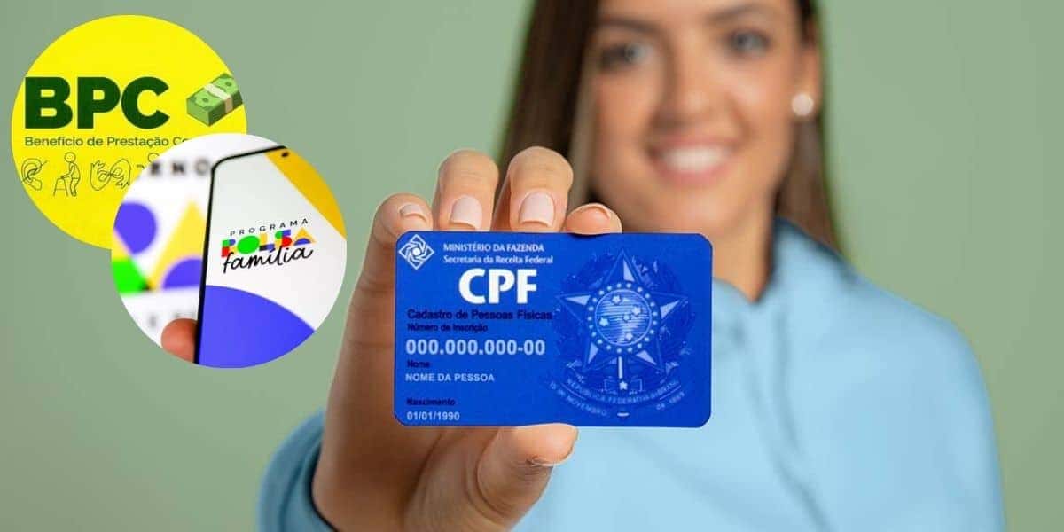 Logo BPC, aplicativo Bolsa Família e mulher segurando o CPF (Fotos: Reproduções / Internet / Luis Lima Jr./Fotoarena/Estadão Conteúdo / Canva)