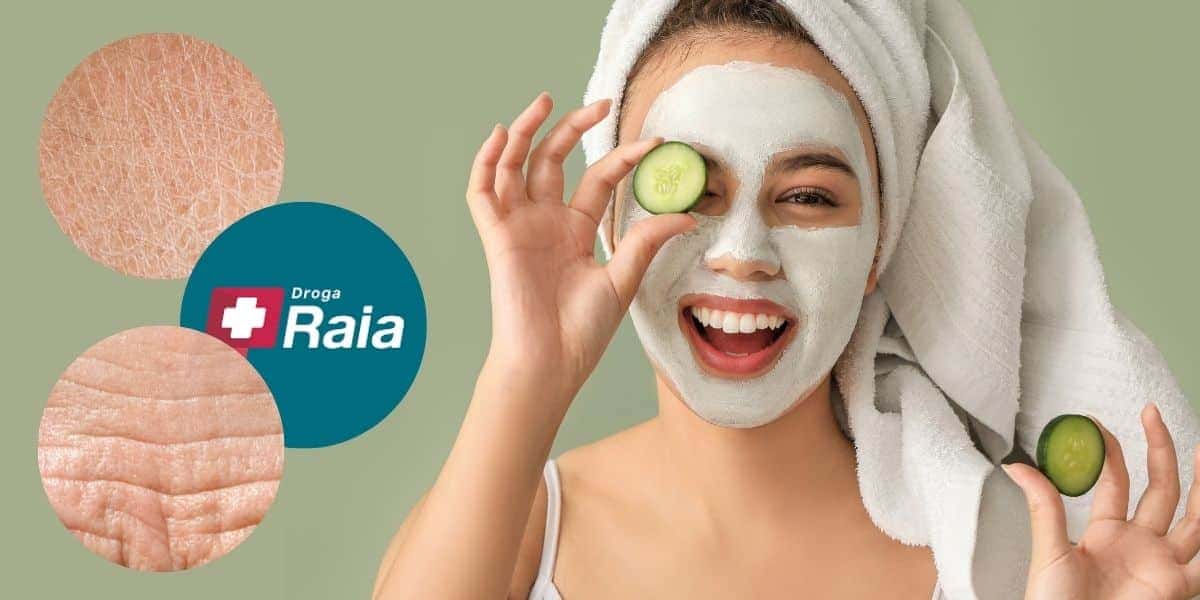 Pele com rugas e ressecada, logo da Droga Raia e mulher com máscara facial (Fotos: Reproduções / Canva / Internet)