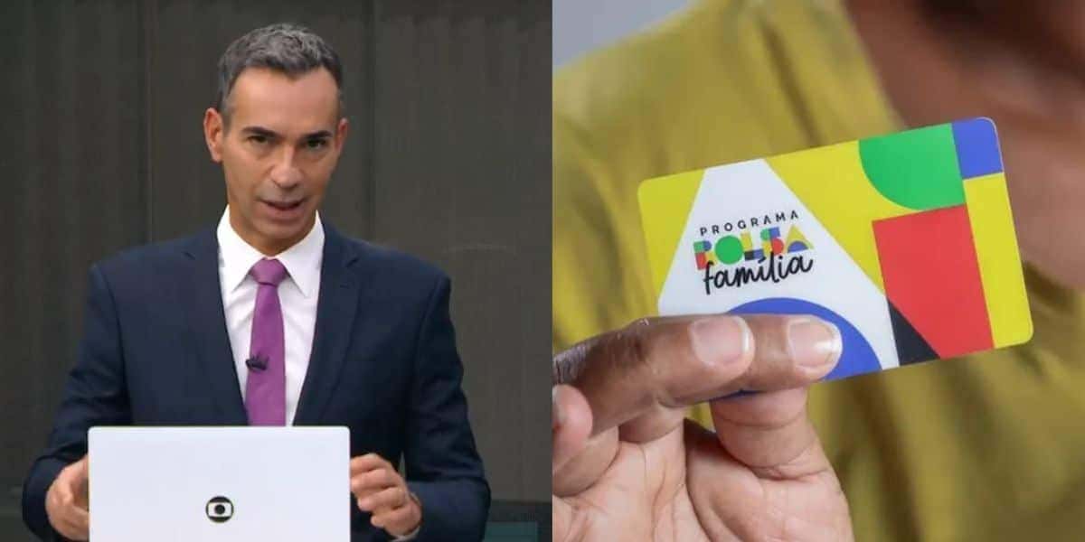 César Tralli no Jornal Hoje e homem segurando cartão do Bolsa Família (Fotos: Reproduções / Globo / MDS)