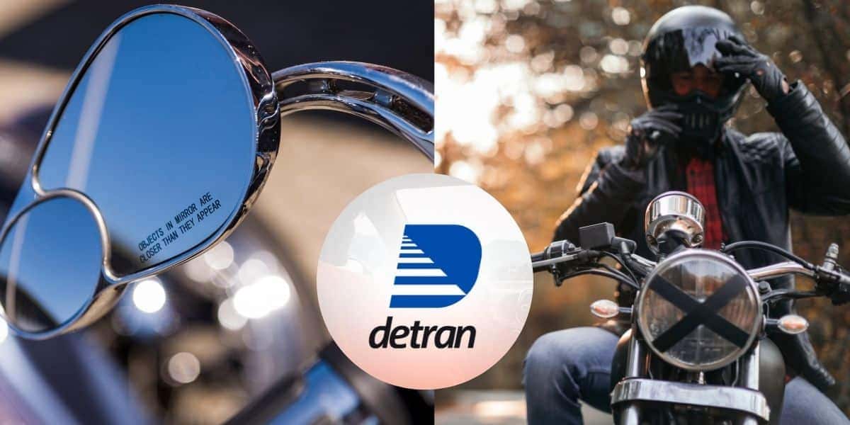 Retrovisor, Detran e homem na moto (Fotos: Reproduções / Canva / Internet)