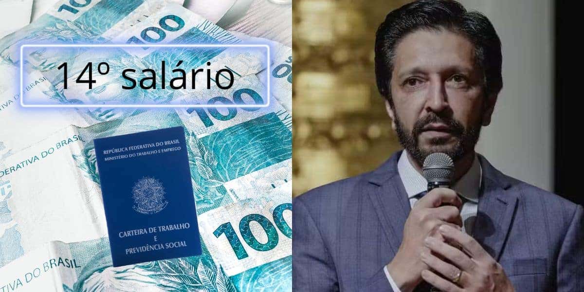 14º salário, notas de cem reais, carteira de trabalho e Ricardo Nunes (Fotos: Reproduções / Canva / André Bueno/Rede Câmara)