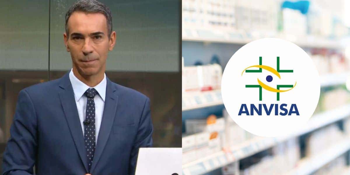 César Tralli no Jornal Hoje, farmácia e logo da Anvisa (Fotos: Reproduções / Globo / Canva / agência)
