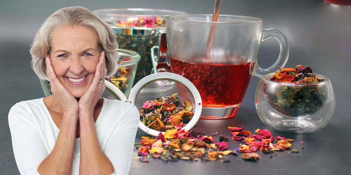 Idosa feliz e ingredientes para chá (Fotos: Reproduções / Canva)