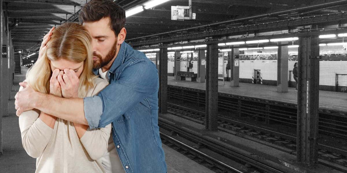Ilustração metrô abandonado e homem e mulher tristes (Fotos: Reproduções / Canva)