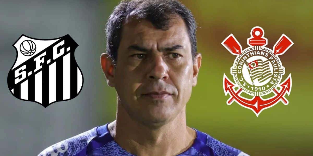 Fábio Carille, logo do Santos e do Corinthians (Foto: Reprodução / Pedro Zacchi / Gazeta Press)