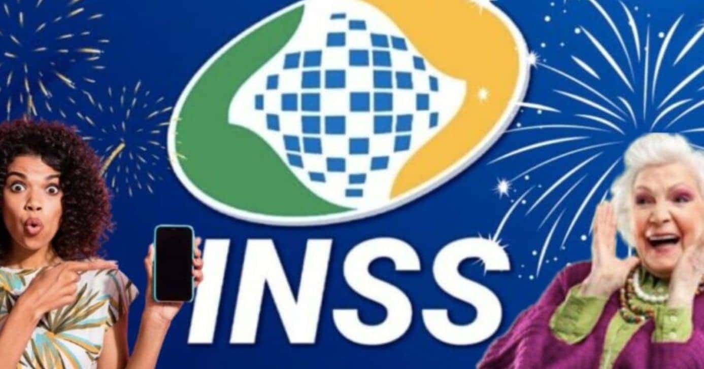 Logo do INSS, fogos de artifício, mulher segurando o celular e idosa chocada (Fotos: Reproduções / Internet / Freepik)